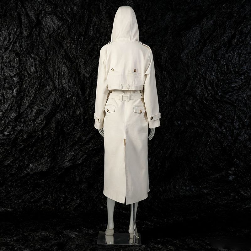 Strap up waist cinched hooded split windbreaker jacket for women