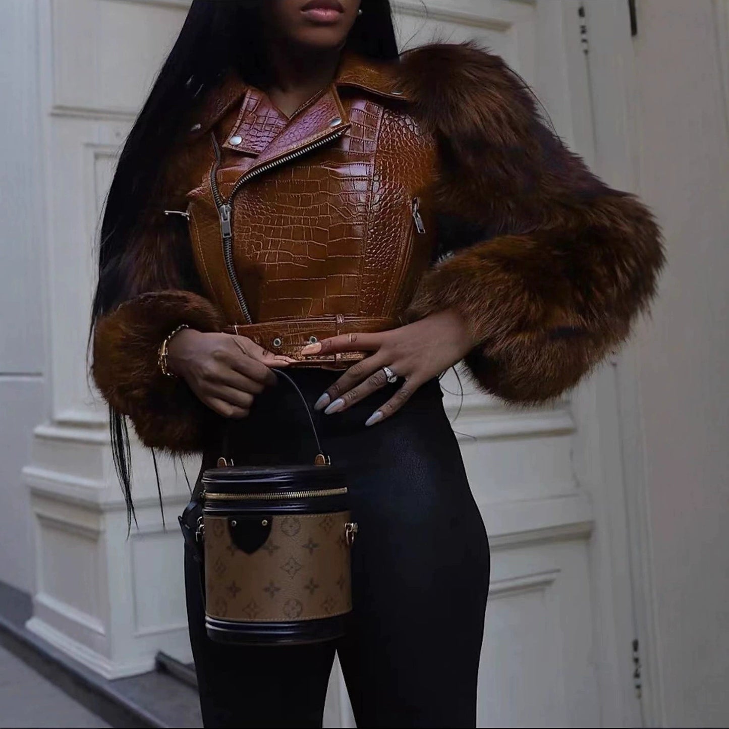 Fashion style +Material Closure Silhouette clothing Faux fur Zipper Stand-up collar Short Coat