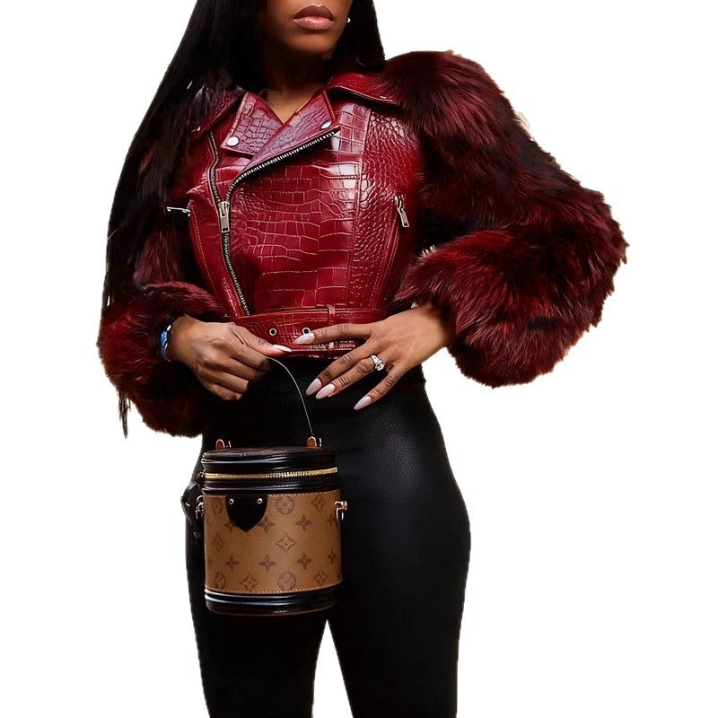 Fashion style +Material  Closure  Silhouette clothing   Faux fur  Zipper  Stand-up collar  Short  Coat