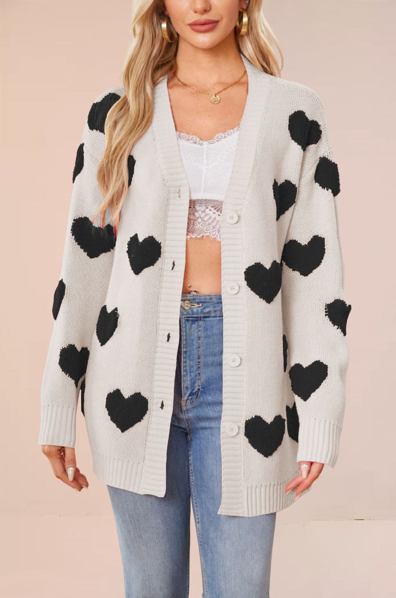 Love knit cardigan V-neck button mid length jacket for women
