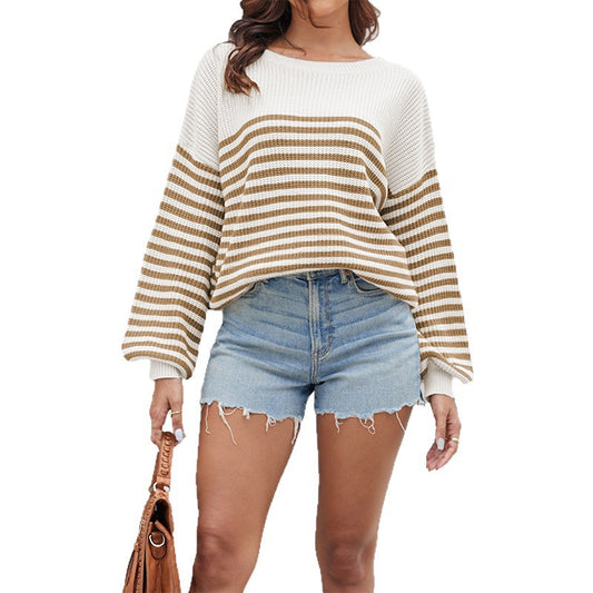 Striped color blocked knit sweater long sleeved round neck sweater women's clothing