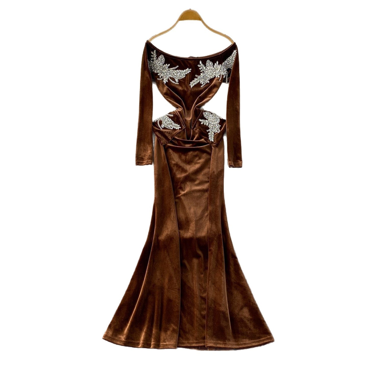 Diamond studded one shoulder velvet slim dress