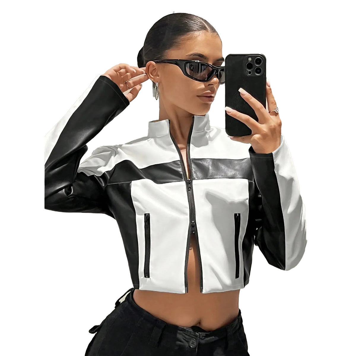 Open navel contrasting PU leather stand up collar leather jacket for women