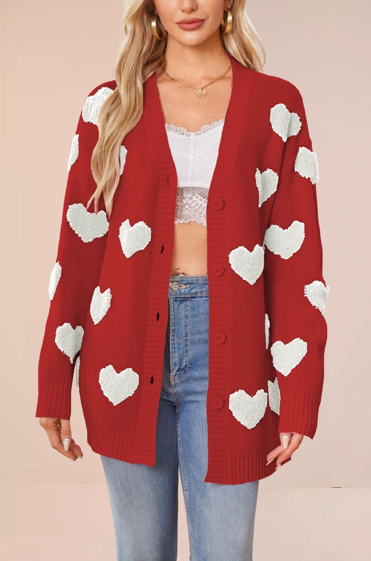 Love knit cardigan V-neck button mid length jacket for women