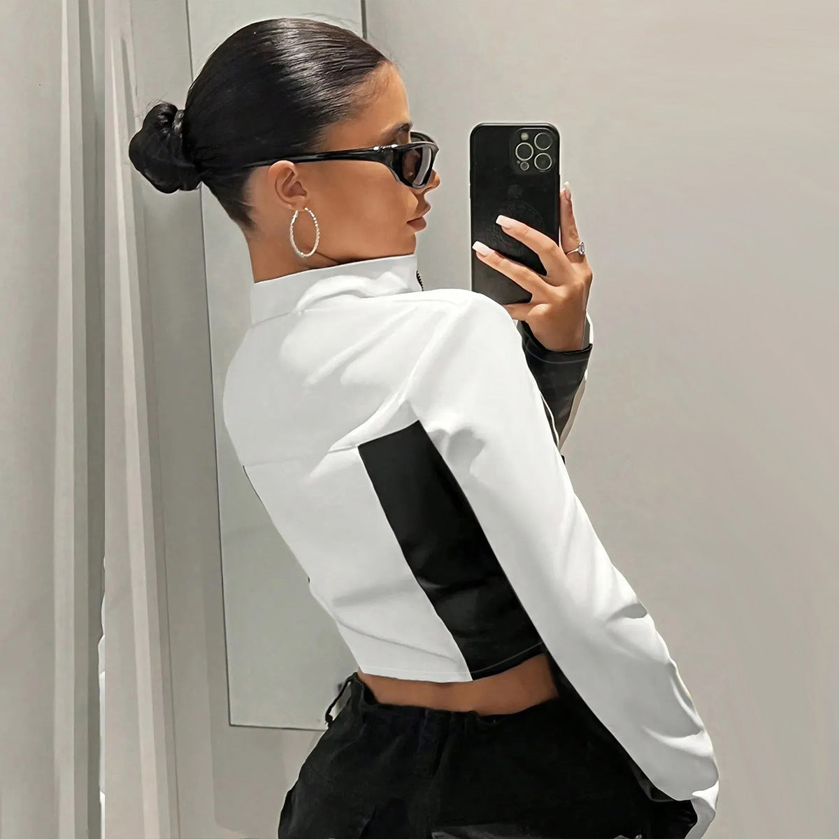 Open navel contrasting PU leather stand up collar leather jacket for women