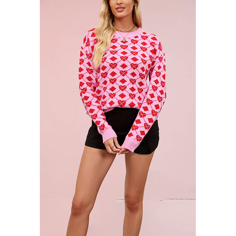 Love sweater Valentine's Day round neck pullover peach heart sweater