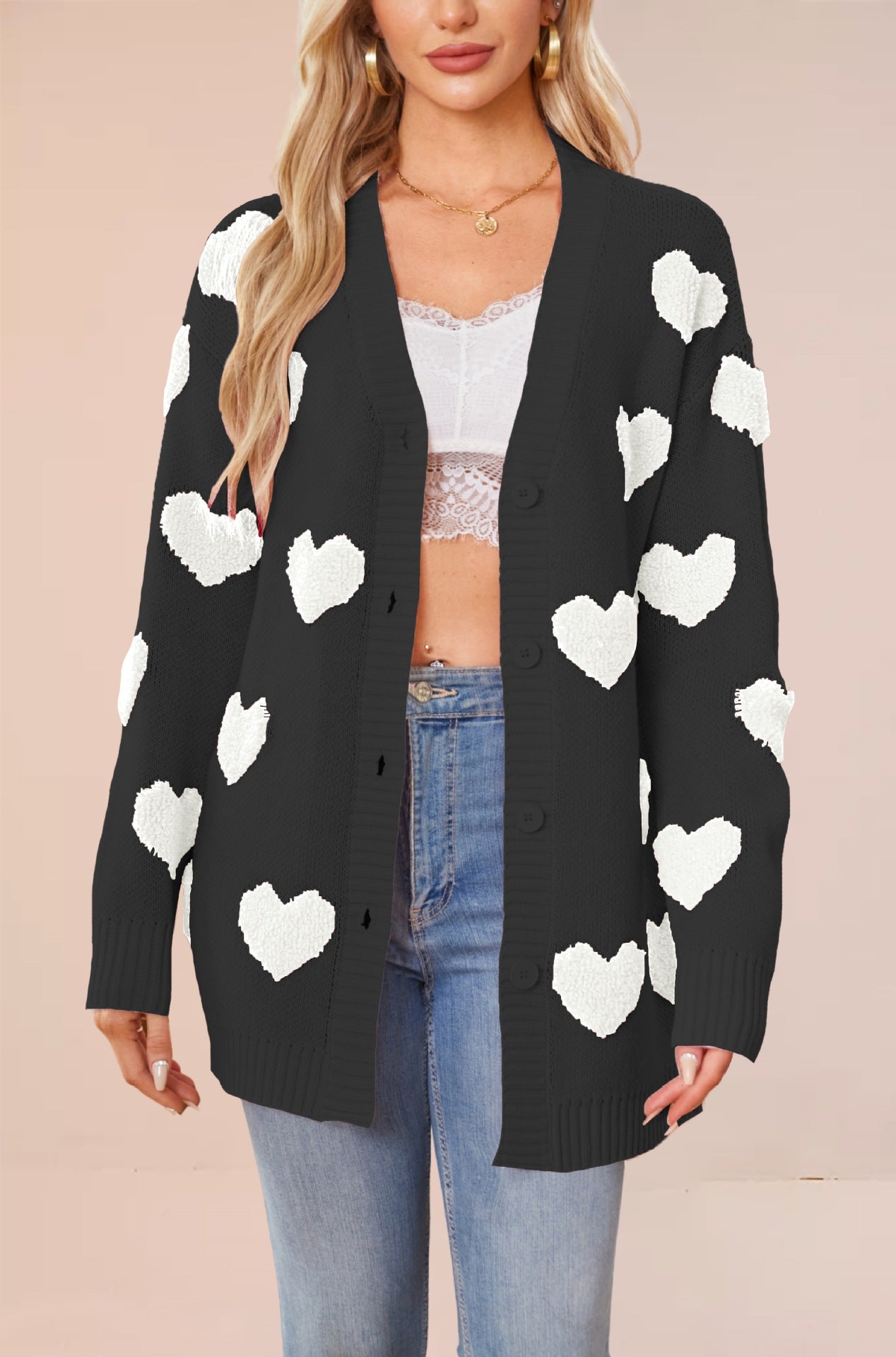 Love knit cardigan V-neck button mid length jacket for women