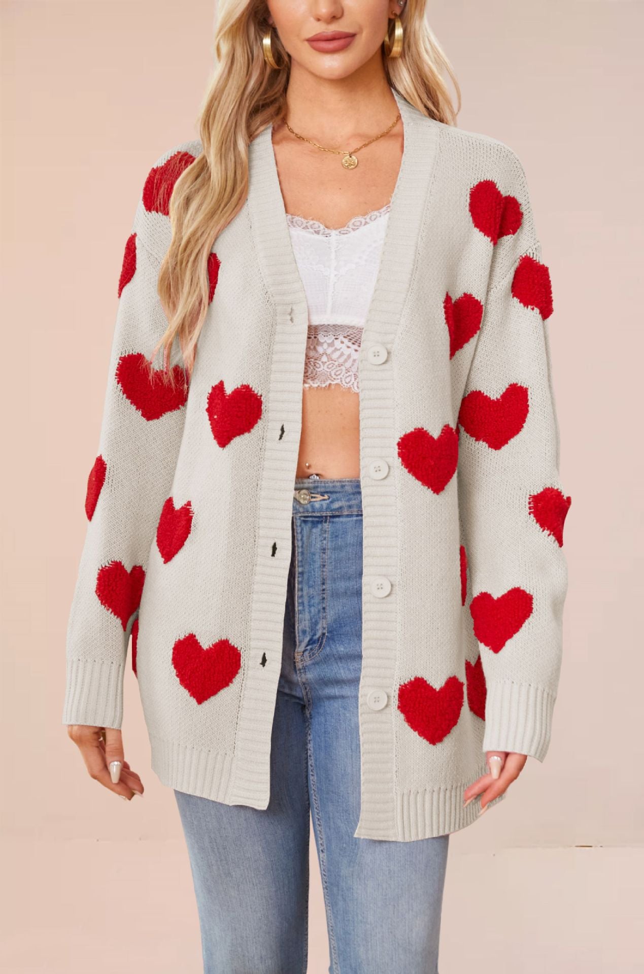 Love knit cardigan V-neck button mid length jacket for women