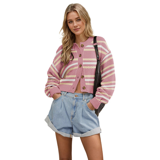 Knitted cardigan color blocked women's button commuting jacket