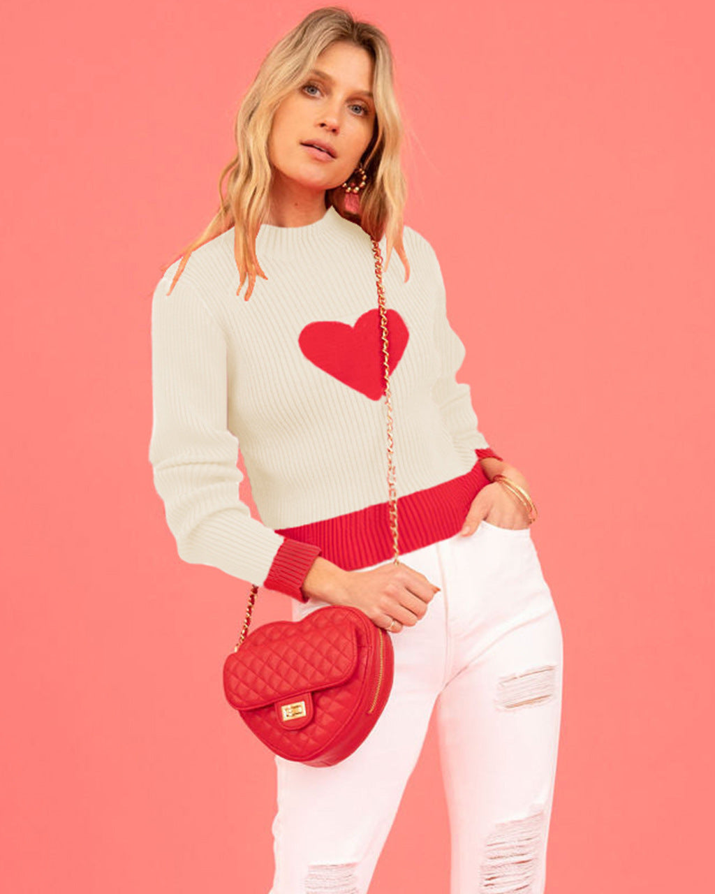 Valentine's Day love peach round neck pullover knitted sweater