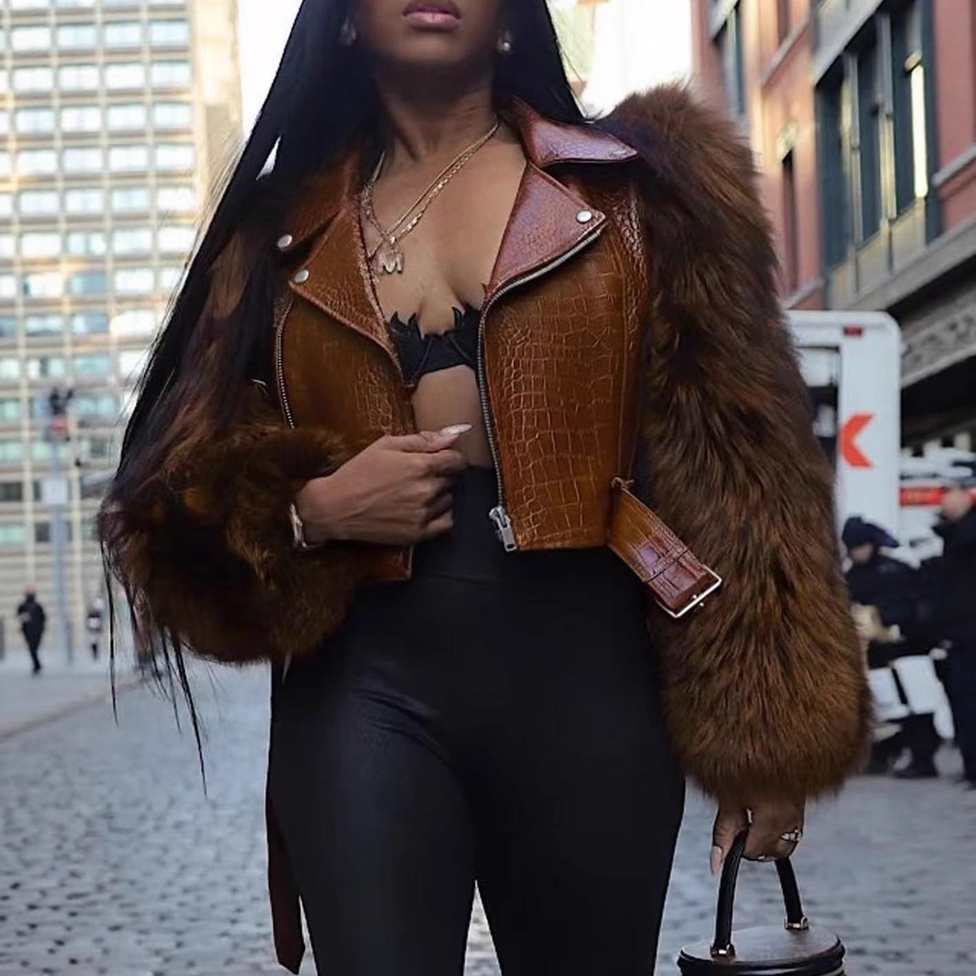 Fashion style +Material  Closure  Silhouette clothing   Faux fur  Zipper  Stand-up collar  Short  Coat