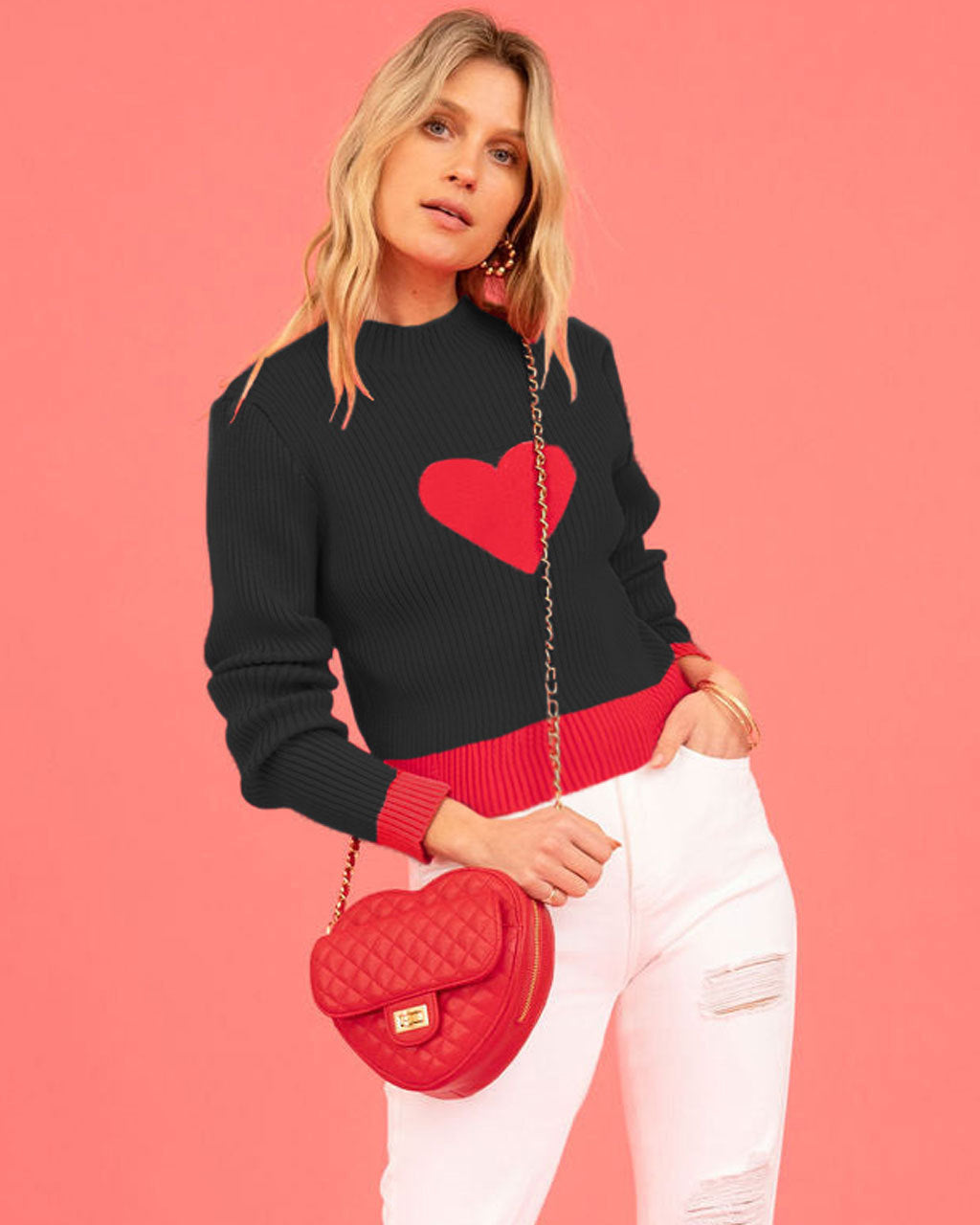 Valentine's Day love peach round neck pullover knitted sweater