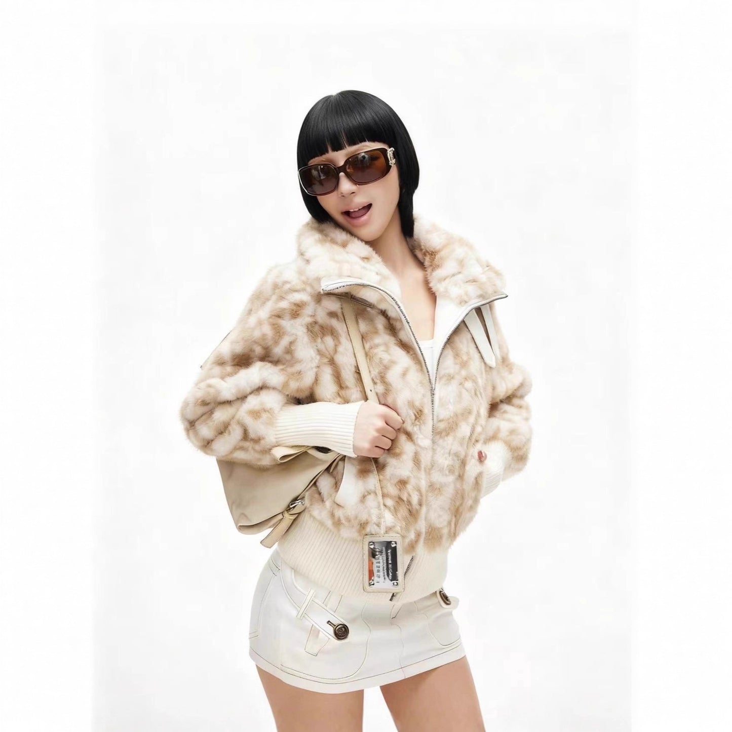 Environmentally friendly fur foldable stand up collar leather loop loose short jacket