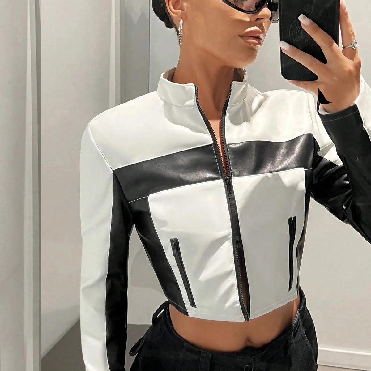 Open navel contrasting PU leather stand up collar leather jacket for women